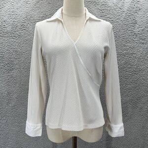 VTG Blouse M 90s Fitted Office‎ Siren Ribbed Striped Stretchy Career Y2K Minimal